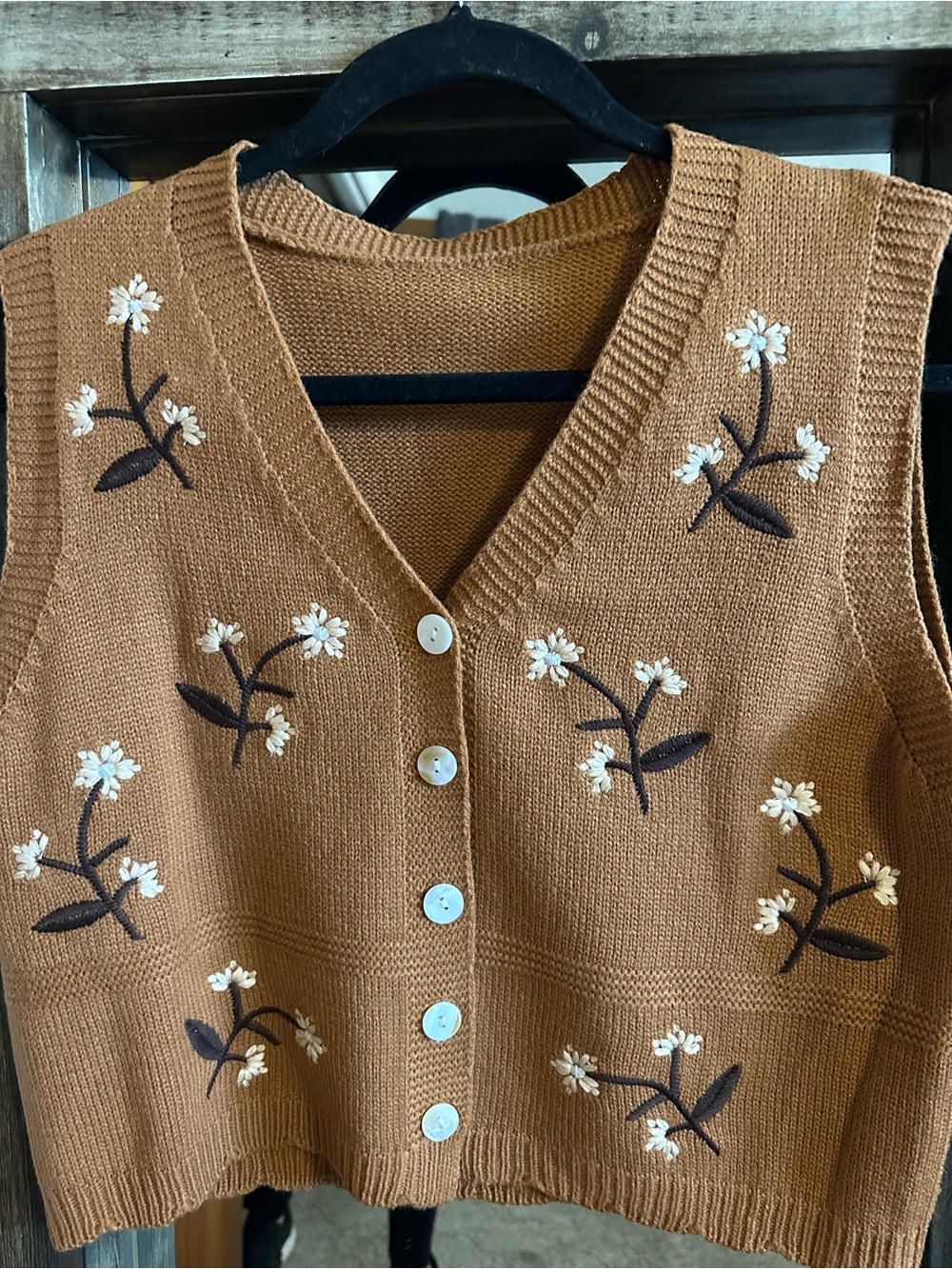 M Brown Floral Embroidered Sweater Vest Cottagecore Boho Floral Coastal Grandma